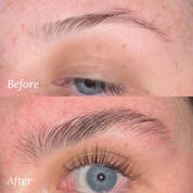 Before and after results using Lash Therapy Australia eyebrow growth serum showing fuller brows.
