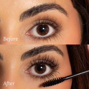 Before and after results using Lash Therapy Australia volumising serum growth mascara showing longer fuller lashes