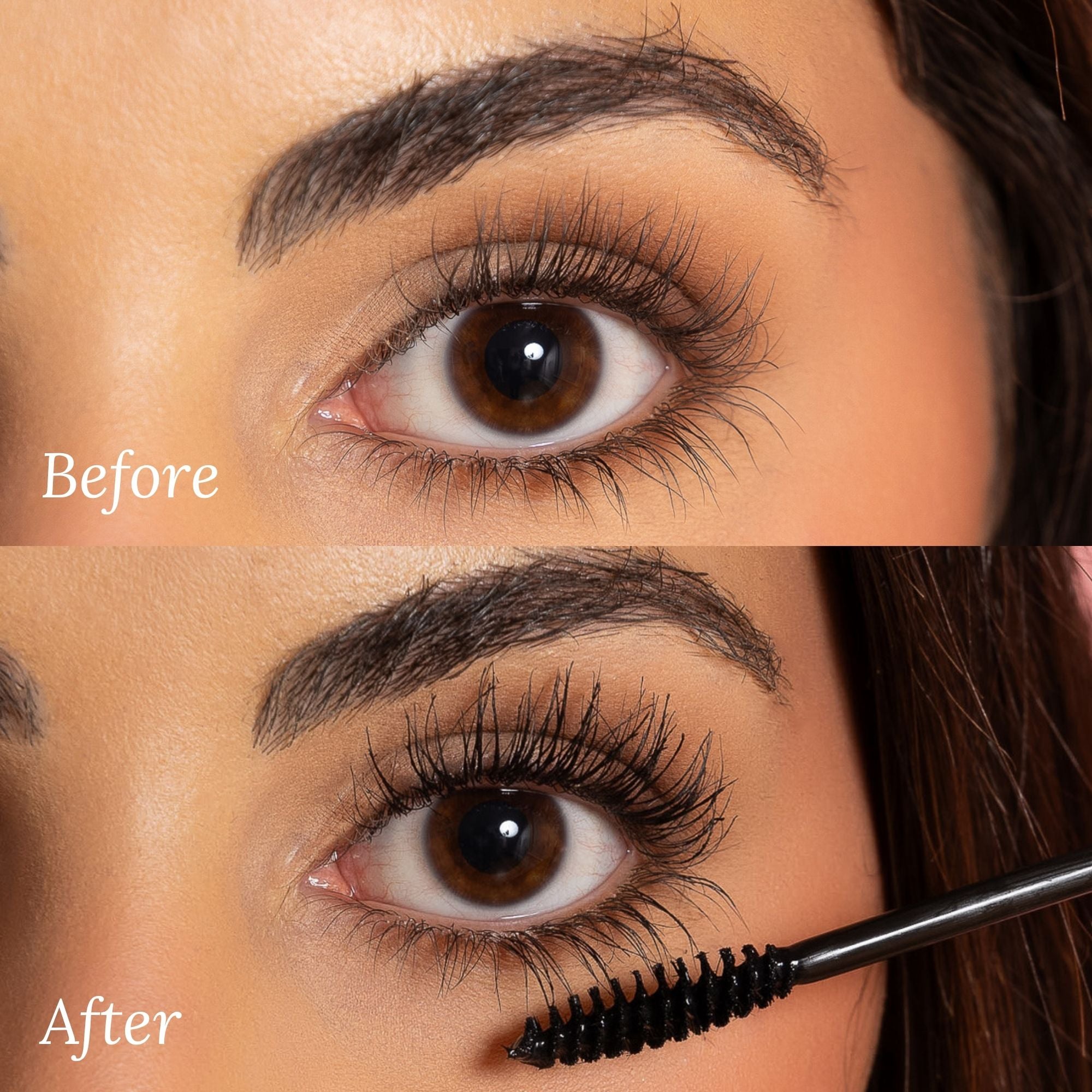 Before and after results using Lash Therapy Australia volumising serum growth mascara showing longer fuller lashes