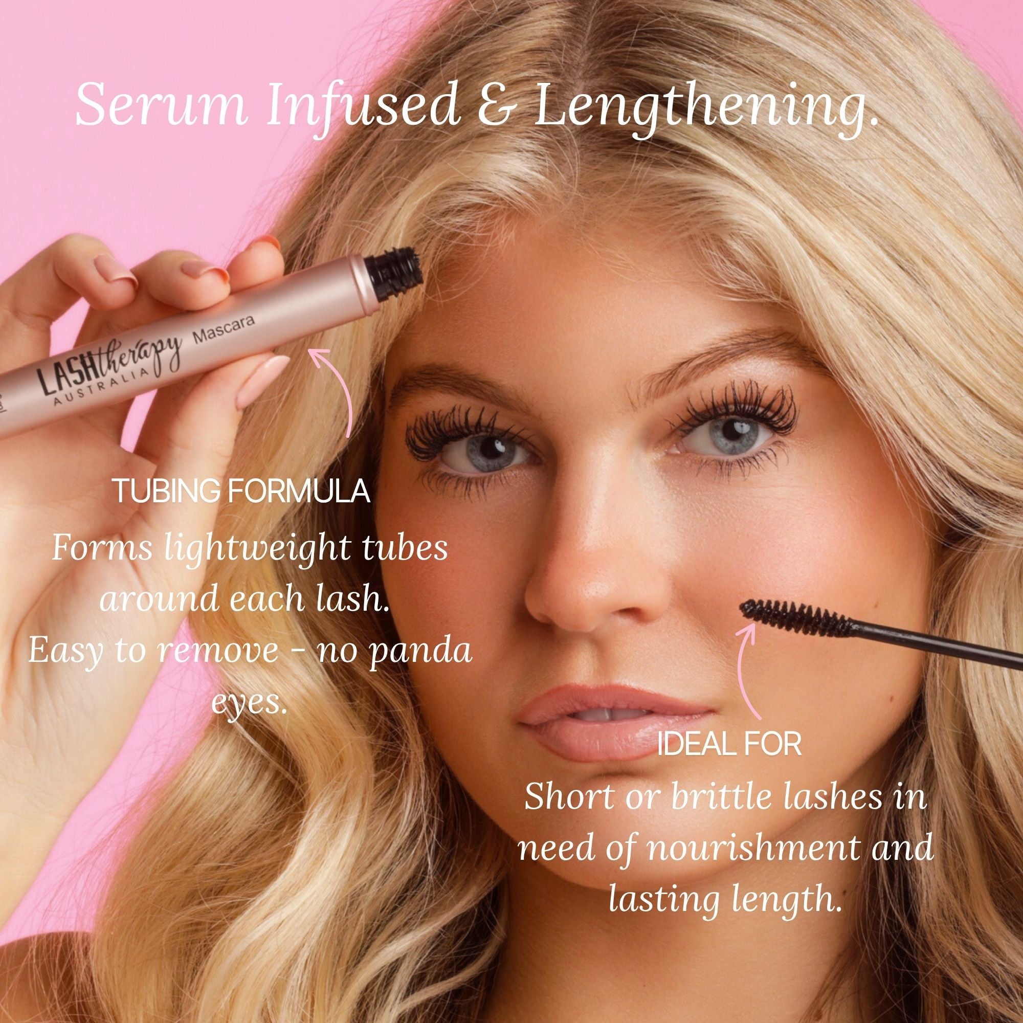 Model applying Lash Therapy Australia serum infused lengthening mascara with tubing formula