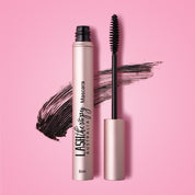 Lash Therapy Australia volumising lash growth serum mascara with mascara wand and product swatch on pink background