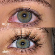 Before and after results using Lash Therapy Australia Eyelash Growth Serum showing longer fuller lashes