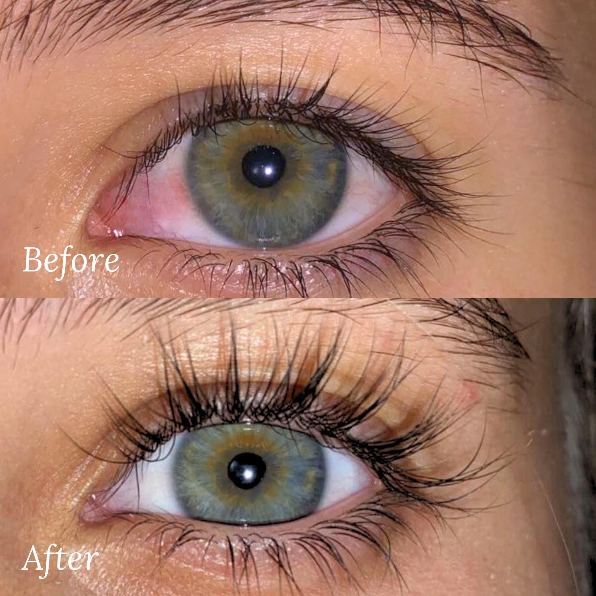Before and after results using Lash Therapy Australia Eyelash Growth Serum showing longer fuller lashes